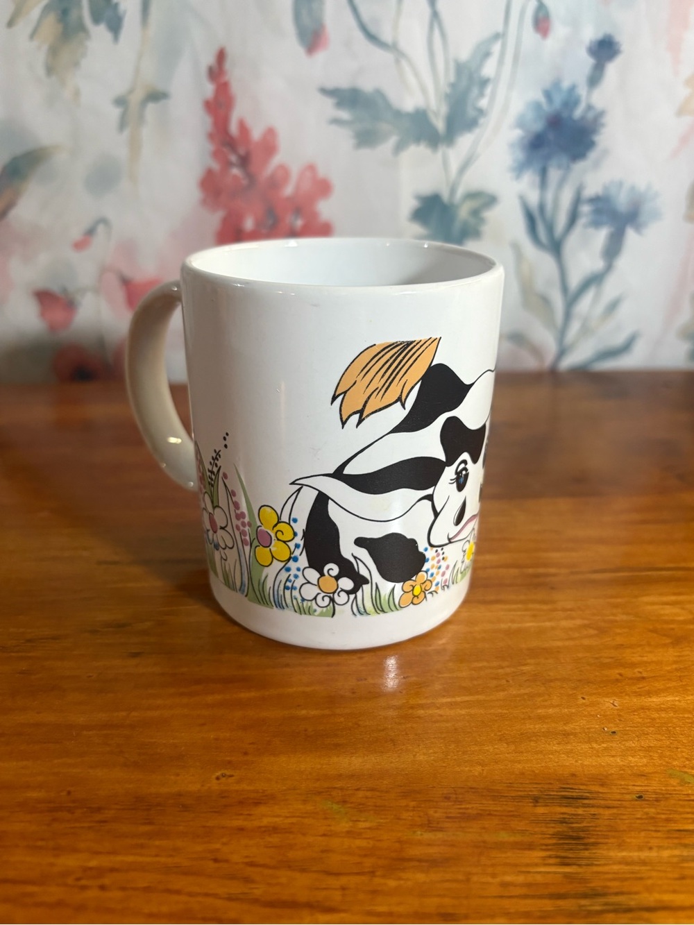 Vintage White Cow Print Ceramic Mug with Floral Accents